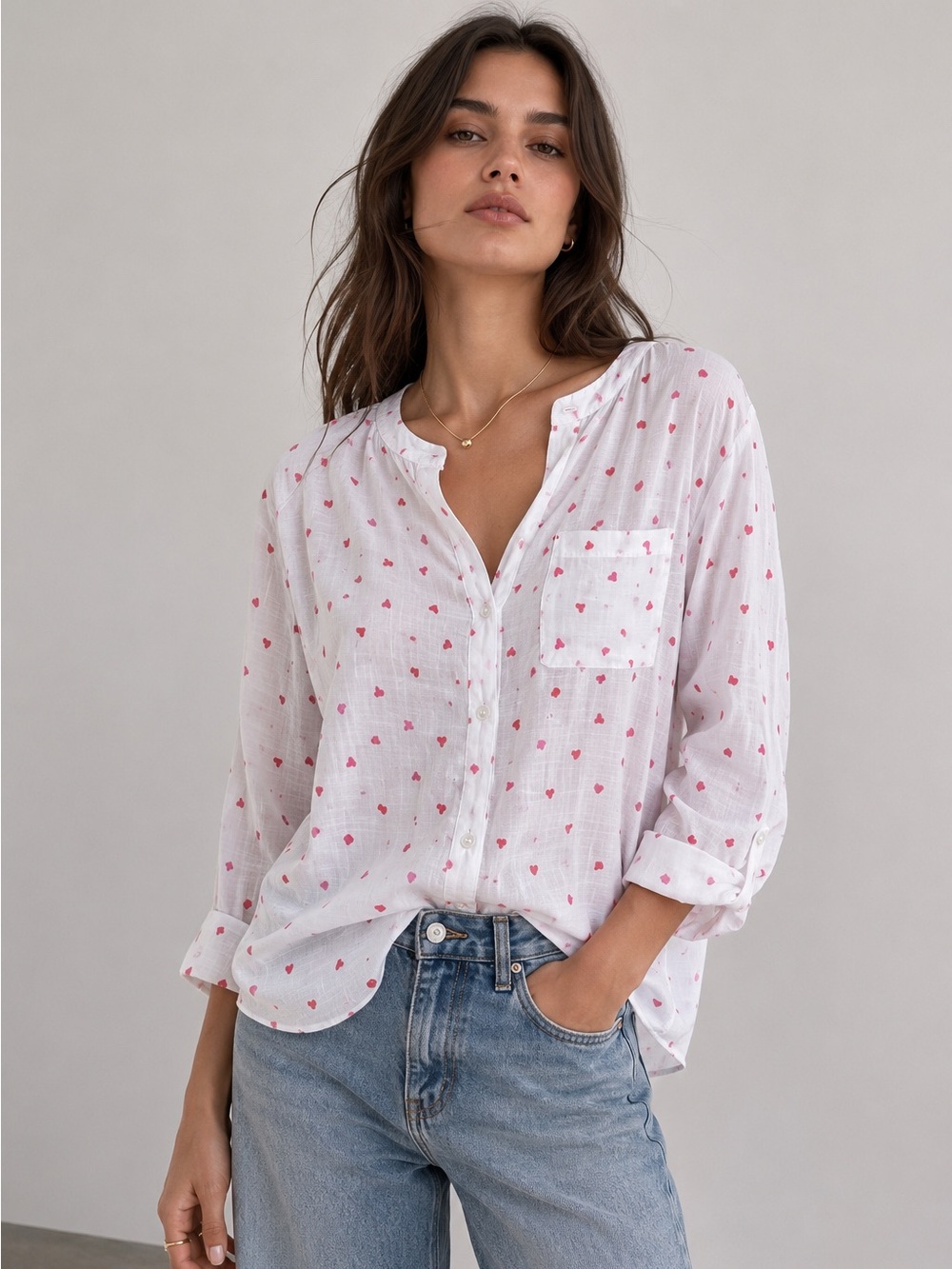 Zac & Rachel White Heart Print Button Front Blouse Size L